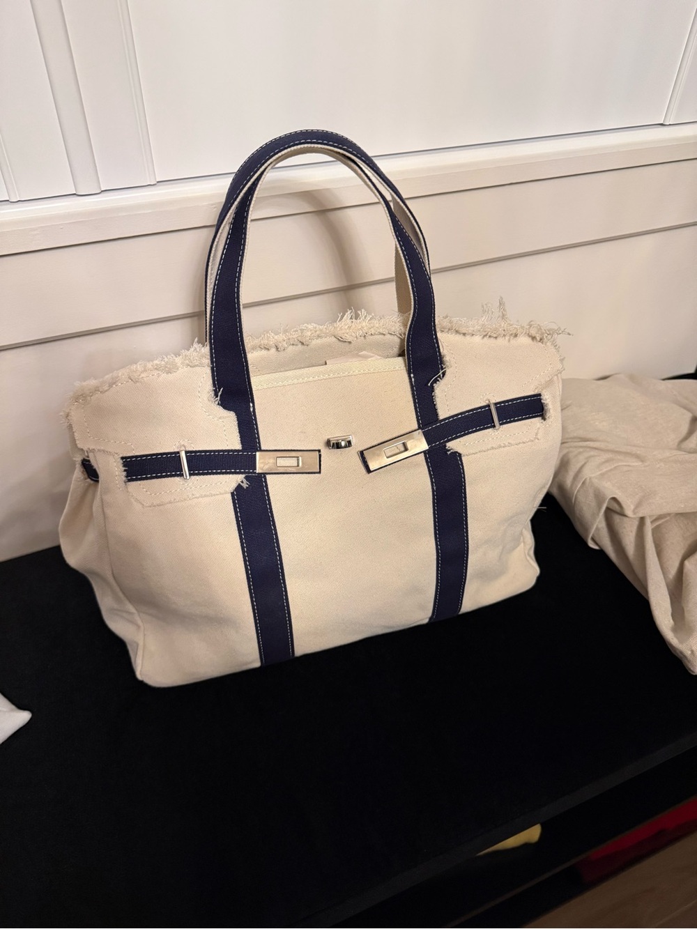 Canvas Tote Bag with Navy Trim - Cream and Navy